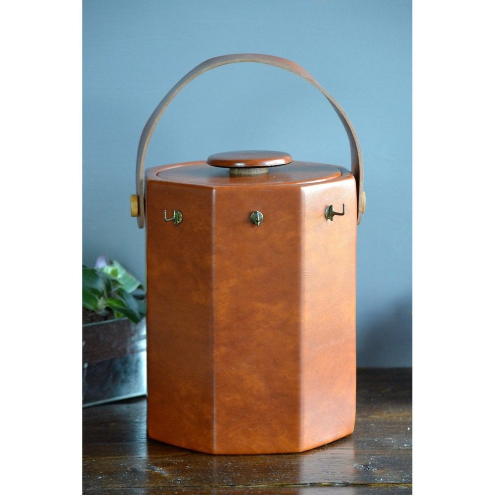 Ice‎ Bucket + Utensil Hooks Octagonal Tan Leatherette Vegan Leather Bar Mid Mod